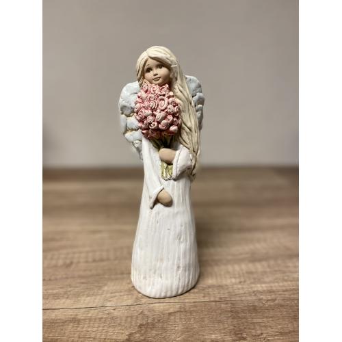 Anděl umělý kámen růže 25cm - 113
