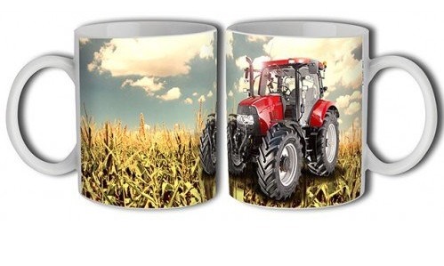 Porcelánový bílý rovný hrnek 350ml s celo obtiskem  - Traktor červený