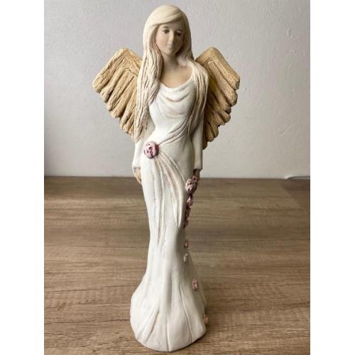 Anděl umělý kámen 34cm růžičky - 1070