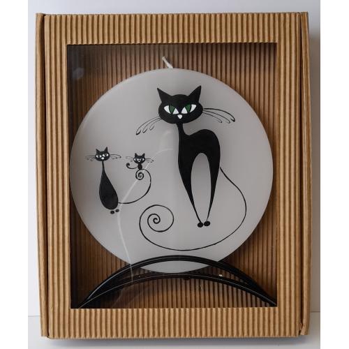 Svíčka disk v kov stojánku 17x15 cm - kočka