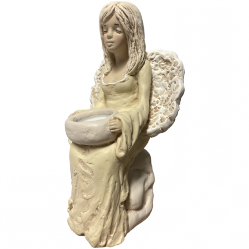 Anděl umělý kámen sedící na kamení na čaj.svíčku 28cm - 606