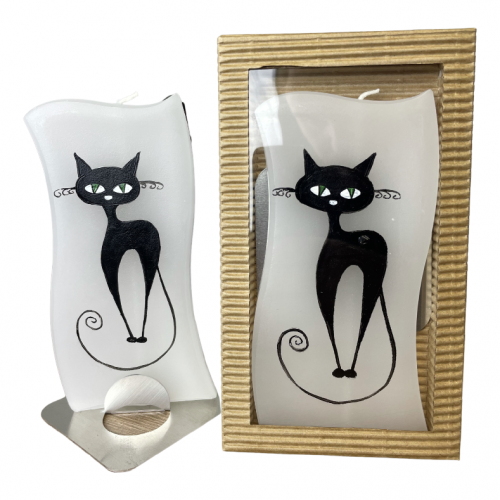 Svíčka s kov stojánkem 15x7cm - kočka černá