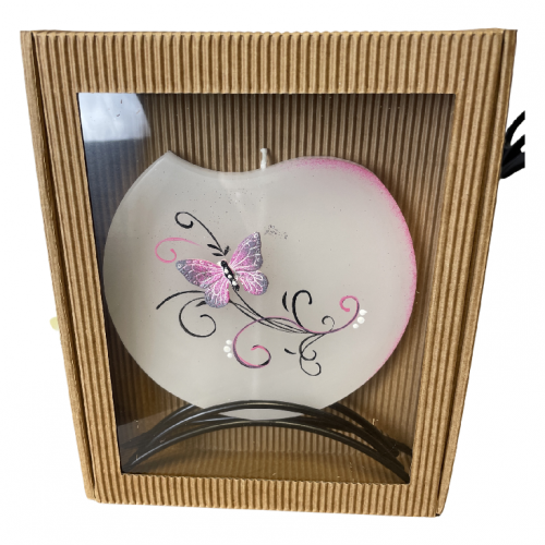 Svíčka disk v kov stojánku 17x15cm - Motýl růžový