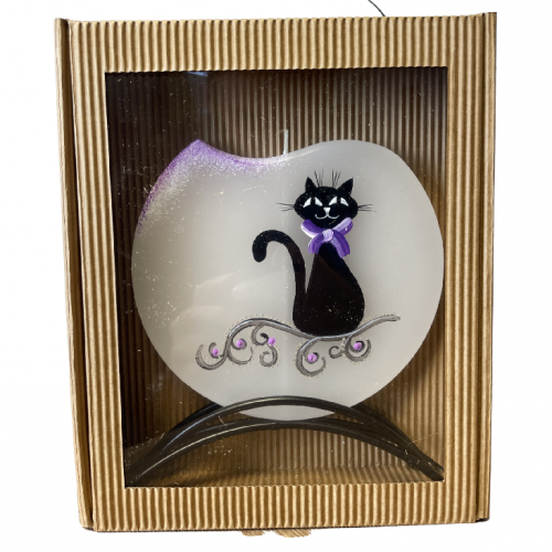 Svíčka disk v kov stojánku 17x15cm - Kočka mašle
