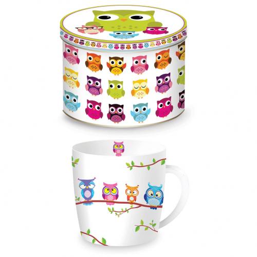Porcelánový hrnek 350ml v plechové doze sova - R0217-OWLB