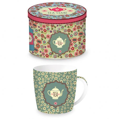 Porcelánový hrnek 350ml v plechové doze Tea zlený - R0217-TEAG