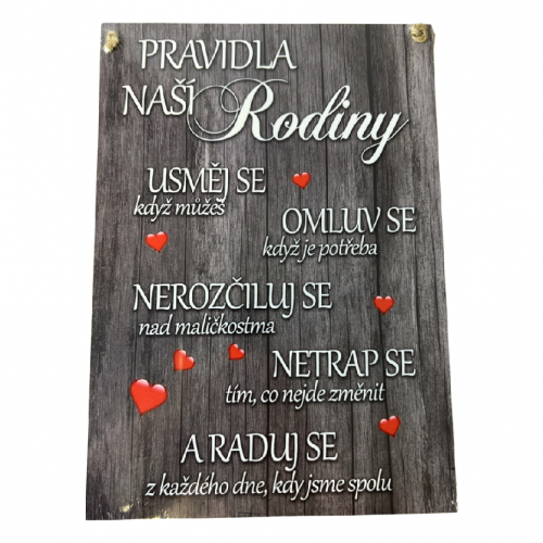 Dřevěná cedule potisk 21x15cm -  Pravidla naší rodiny