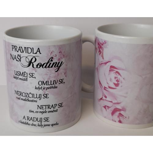 Porcelánový bílý hrnek 350ml s celo obtiskem - Pravidla naší rodiny