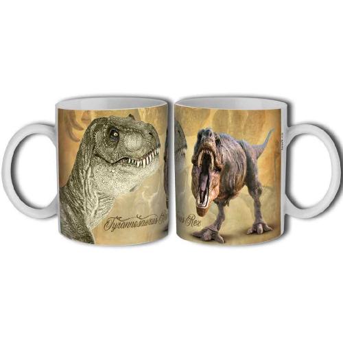 Porcelánový bílý rovný hrnek 350ml s celo obtiskem - Dinosaurus T Rex