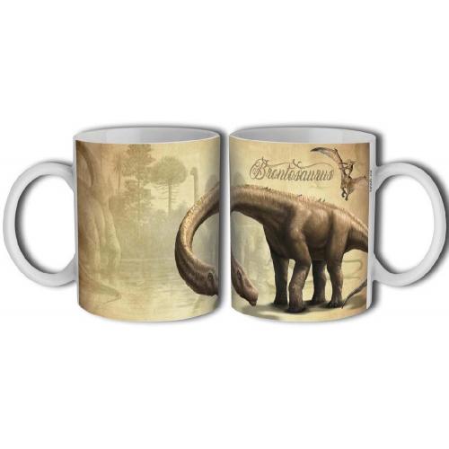 Porcelánový bílý rovný hrnek 350ml s celo obtiskem - Brontosaurus