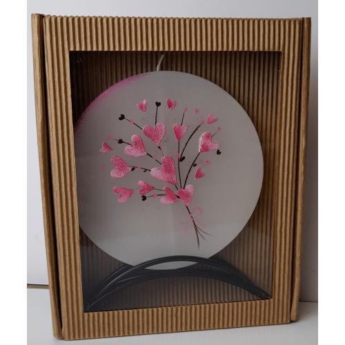 Svíčka disk v kov stojánku 17x15 cm - srdíčka červená