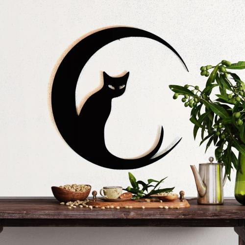 Dřevěná dekorace na zeď 35cm - Kočka měsíc