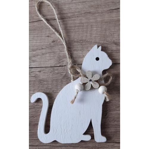 Dřevěná kočka na zavěšení bílá 12x7cm - 26530