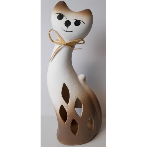 Kočka svícen bílo hnědá 28cm