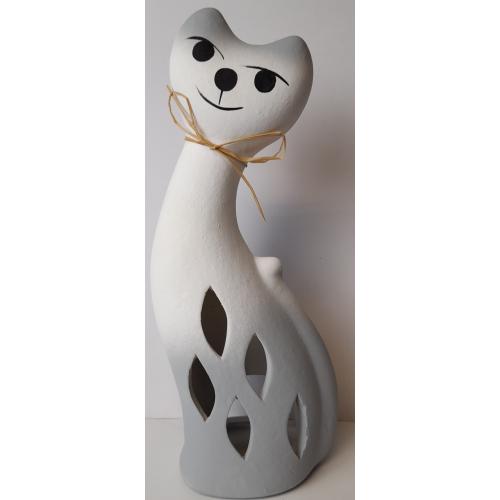 Kočka svícen bílo šedá 28cm