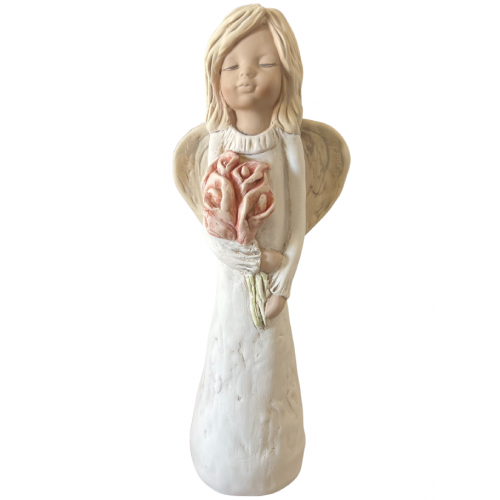 Anděl umělý kámen 31cm kytka - 216