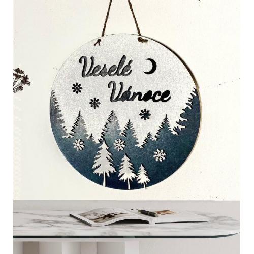 Dřevěná cedule kulatá bílé stromy 26cm - Veselé Vánoce