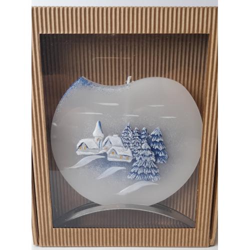 Svíčka disk v kov stojánku 17x15 cm -  Zimní krajina modrá