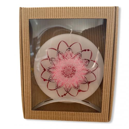 Svíčka disk v kov stojánku 17x15 cm - Mandala Růžová