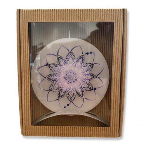 Svíčka disk v kov stojánku 17x15 cm - Mandala Fialová