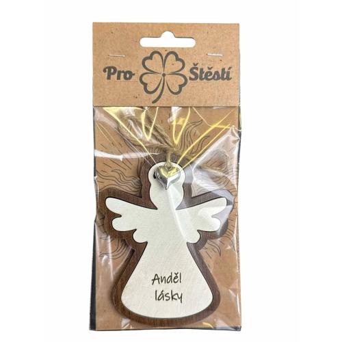 Dřevěný anděl 10cm v přebalu s přívěškem - Anděl lásky