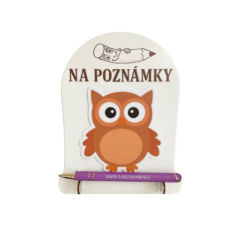 Dřevěný stojanek se zápisníkem a propiskou sova 16,6x12cm - Na Poznámky