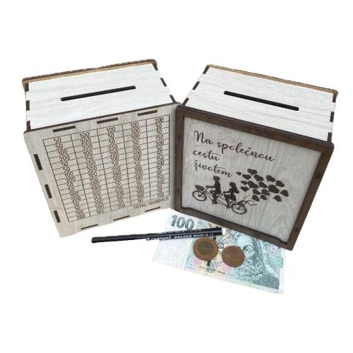 Dřevěná pokladnička škrtací + fixa 16x14cm - Na společnou cestu životem
