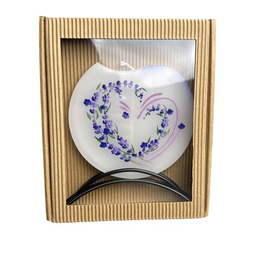 Svíčka disk v kov stojánku 17x15 cm - Levandule Srdce