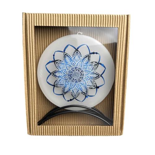 Svíčka disk v kov stojánku 17x15 cm - Mandala modrá