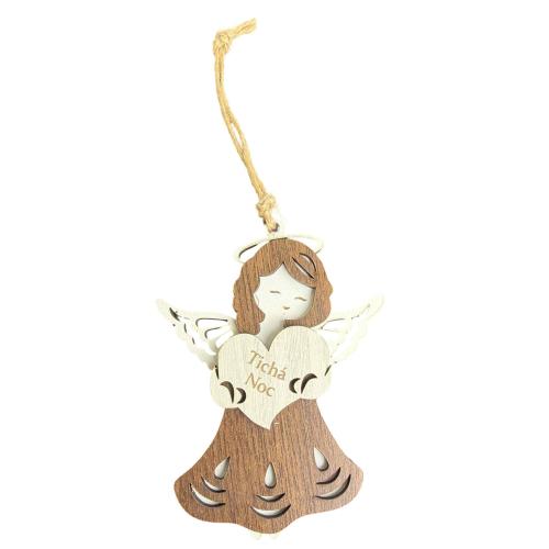 Dřevěný anděl třívrstvý tmavý 13cm - Tichá noc