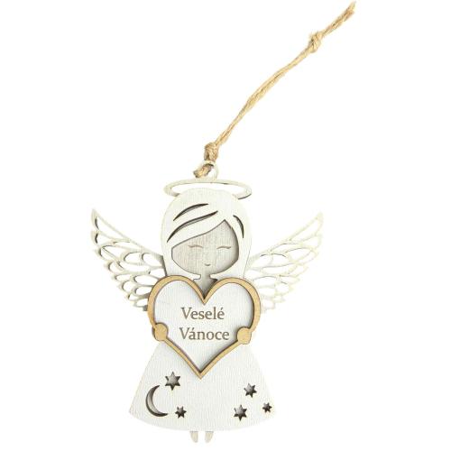 Dřevěný anděl třívrstvý světlý 13cm - Veselé Vánoce