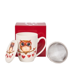 Porcelánový hrnek se sítkem 360ml - Sova srdce