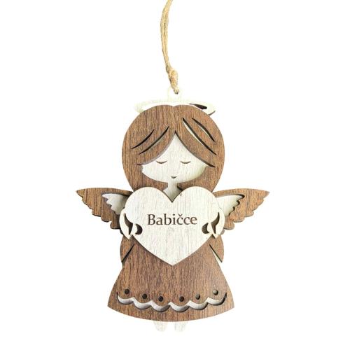 Dřevěný anděl třívrstvý tmavý 13cm - Babičce