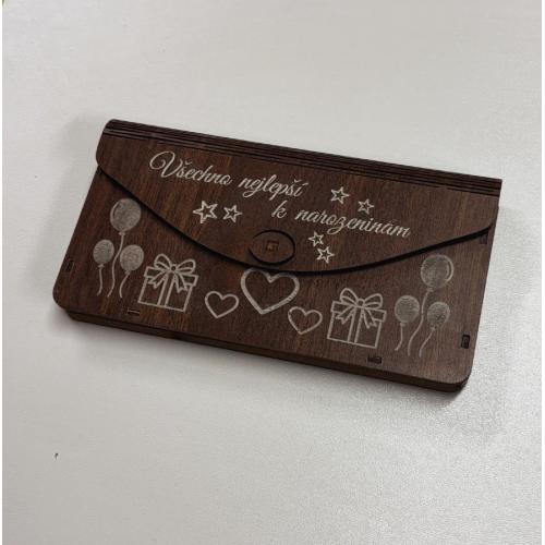 Dřevěná obálka na peníze hnědá 20x10cm - Všechno nejlepší k narozeninám
