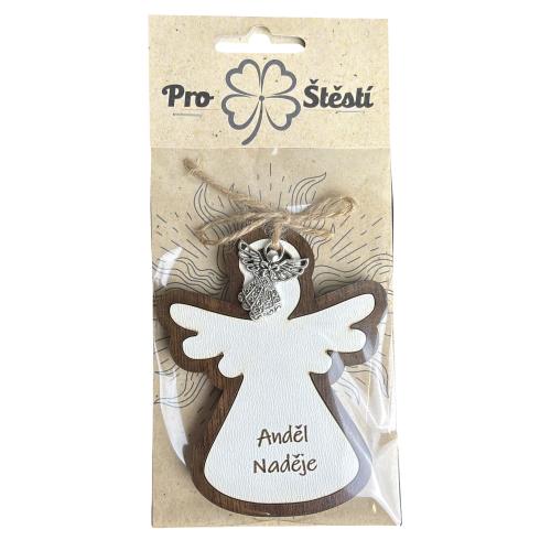 Dřevěný anděl 10cm v přebalu s přívěškem - Anděl naděje