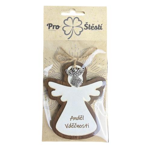 Dřevěný anděl 10cm v přebalu s přívěškem - Anděl vděčnosti