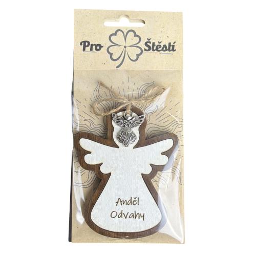 Dřevěný anděl 10cm v přebalu s přívěškem - Anděl odvahy