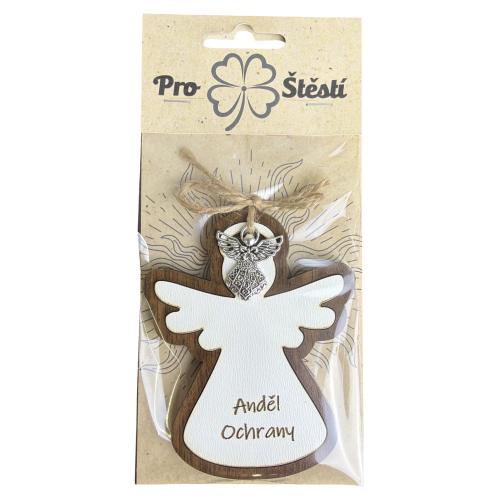 Dřevěný anděl 10cm v přebalu s přívěškem - Anděl ochrany