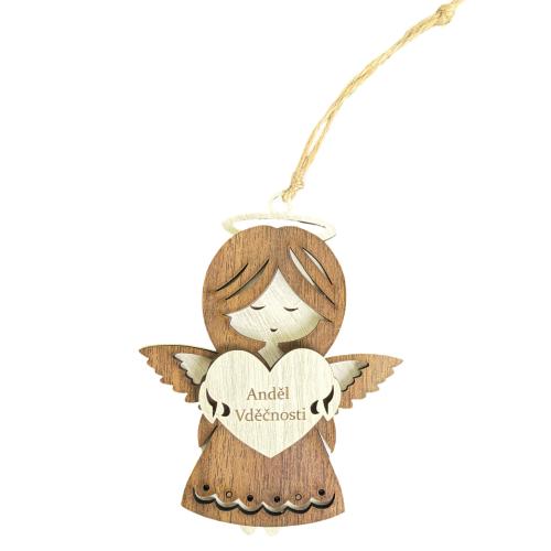 Dřevěný anděl třívrstvý tmavý 13cm - Anděl vděčnosti