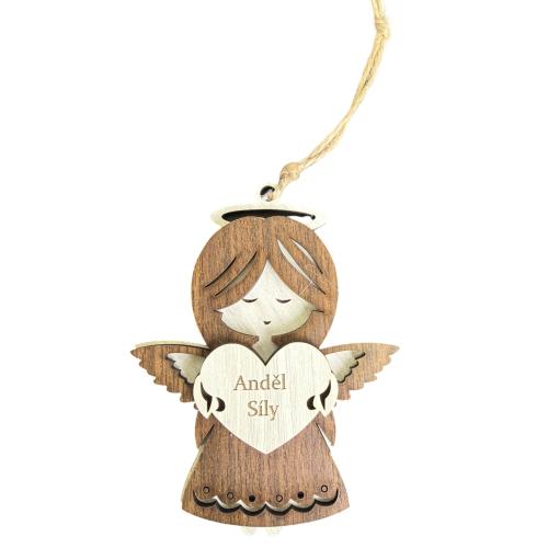 Dřevěný anděl třívrstvý tmavý 13cm - Anděl síly