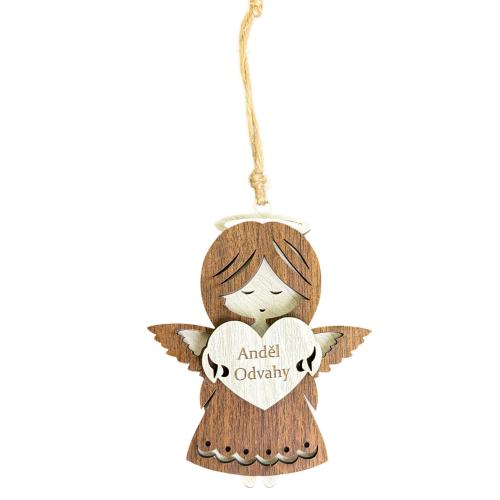 Dřevěný anděl třívrstvý tmavý 13cm - Anděl odvahy