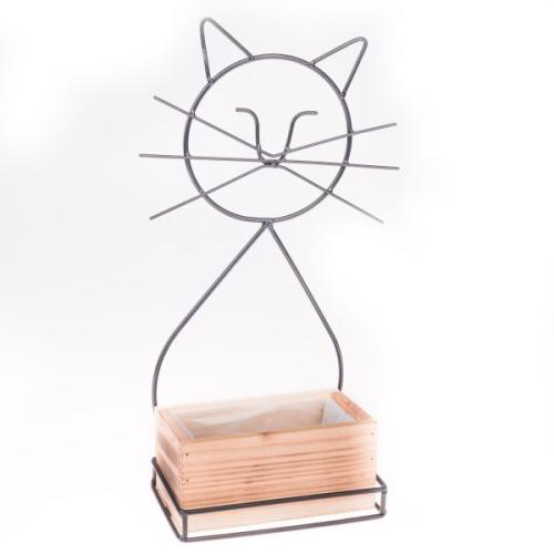 Dekorační květináč kov dřevo 42cm kočka - SUP4128