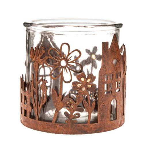 Skleněný svícen kov 8cm domky - AHA054