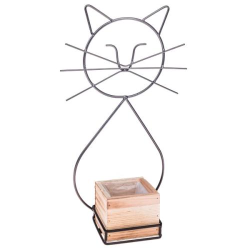 Květináč kov dřevo kočka 42x19x12cm - SUP4127
