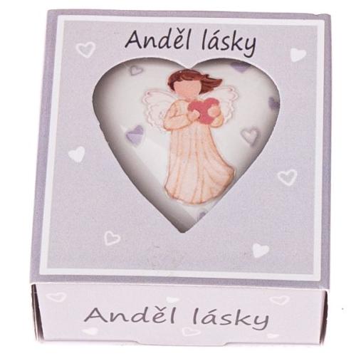 Porcelánové srdce v krabičce s andělem 5x5cm - Anděl lásky
