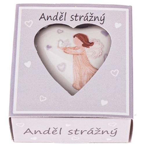 Porcelánové srdce v krabičce s andělem 5x5cm - Anděl Strážný