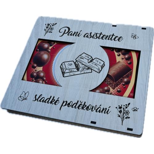 Čokoláda 80g v dřevěné krabičce 18x18cm - Paní Asistentce