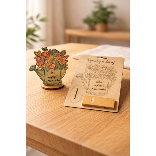 Cedulka k vybarvení + pastelky 15x21cm - Konvička s květinou maminka