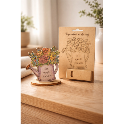 Cedulka k vybarvení + pastelky 15x21cm - Konvička s květinou babička
