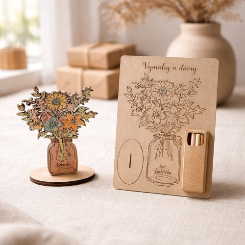 Cedulka k vybarvení + pastelky 15x21cm - Váza s květinou babička